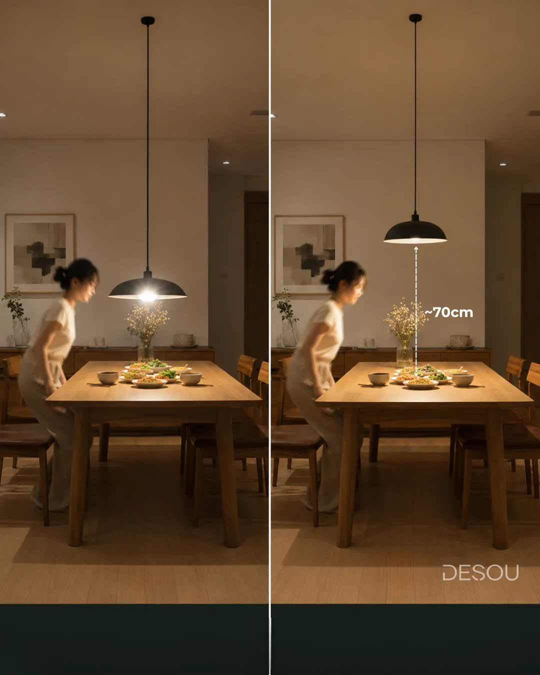 Đáy chao đèn treo cách mặt bàn khoảng 70cm