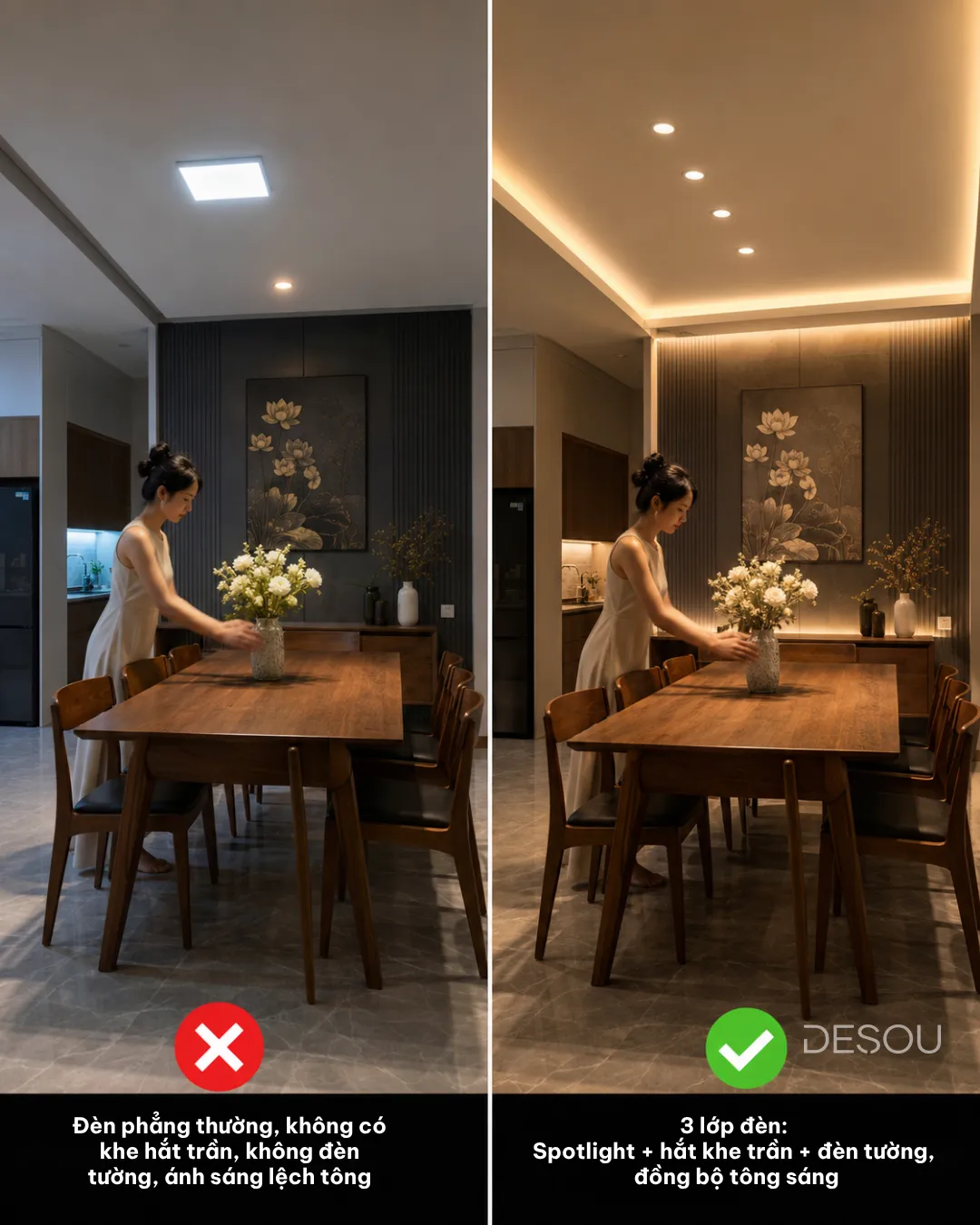 Ba lớp đèn cho phòng ăn gồm spotlight, hắt khe trần và đèn tường đồng bộ tông sáng