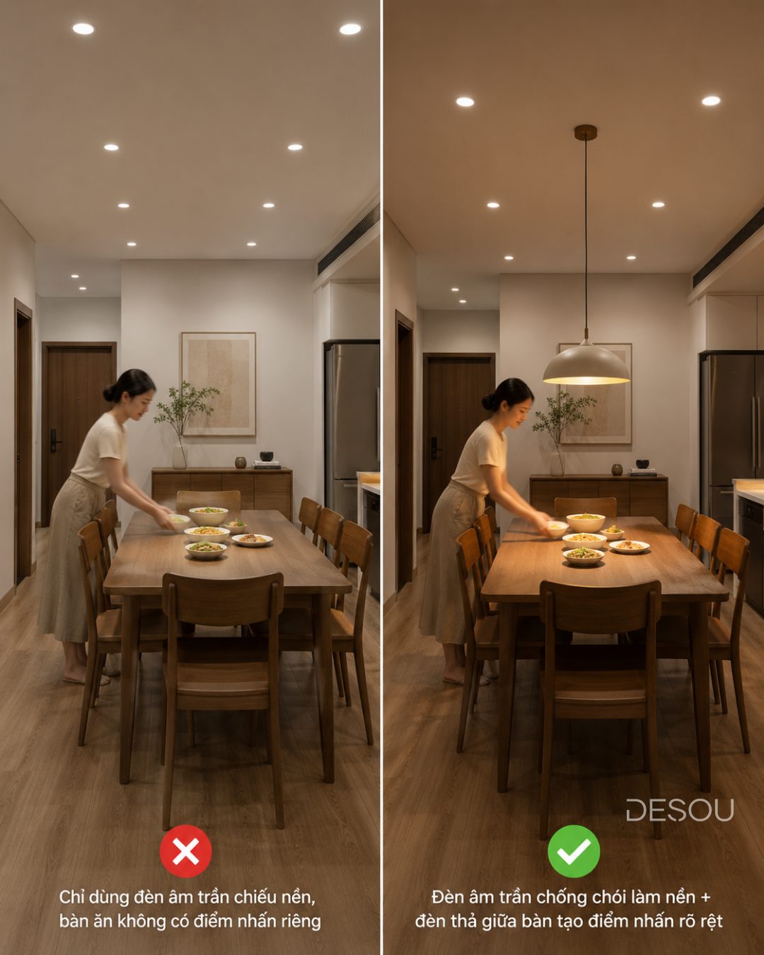 Bàn ăn được chiếu sáng điểm nhấn bằng đèn treo thả giữa bàn