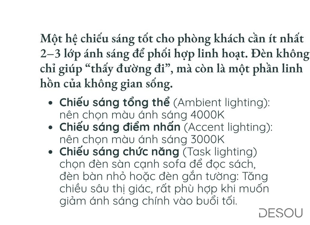 Ảnh minh họa: công thức 3 lớp sáng phòng khách — nền 4000K, nhấn 3000K, chức năng cho đọc sách