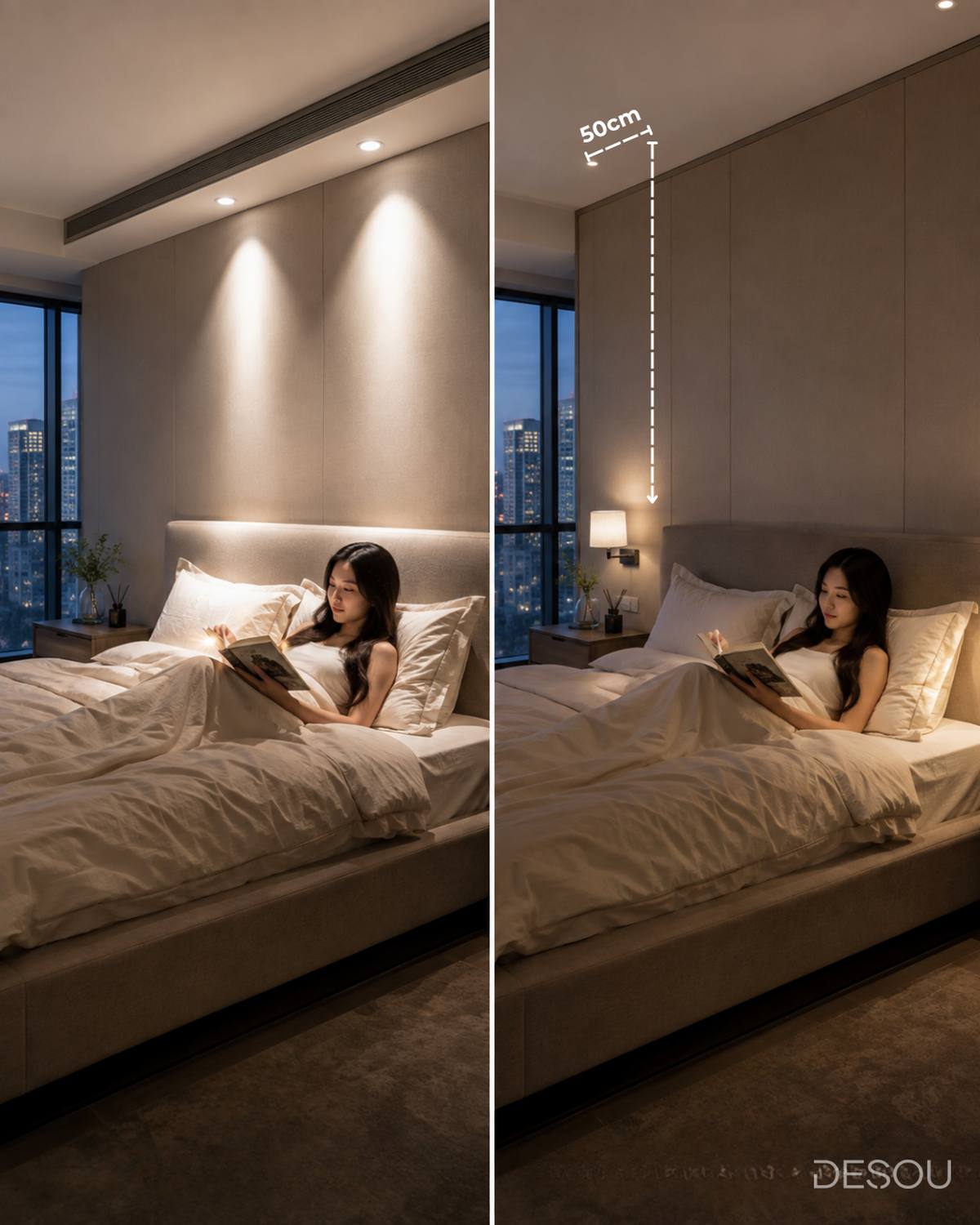 Ảnh minh họa: so sánh đèn rọi thẳng đầu giường và đèn tường đọc sách