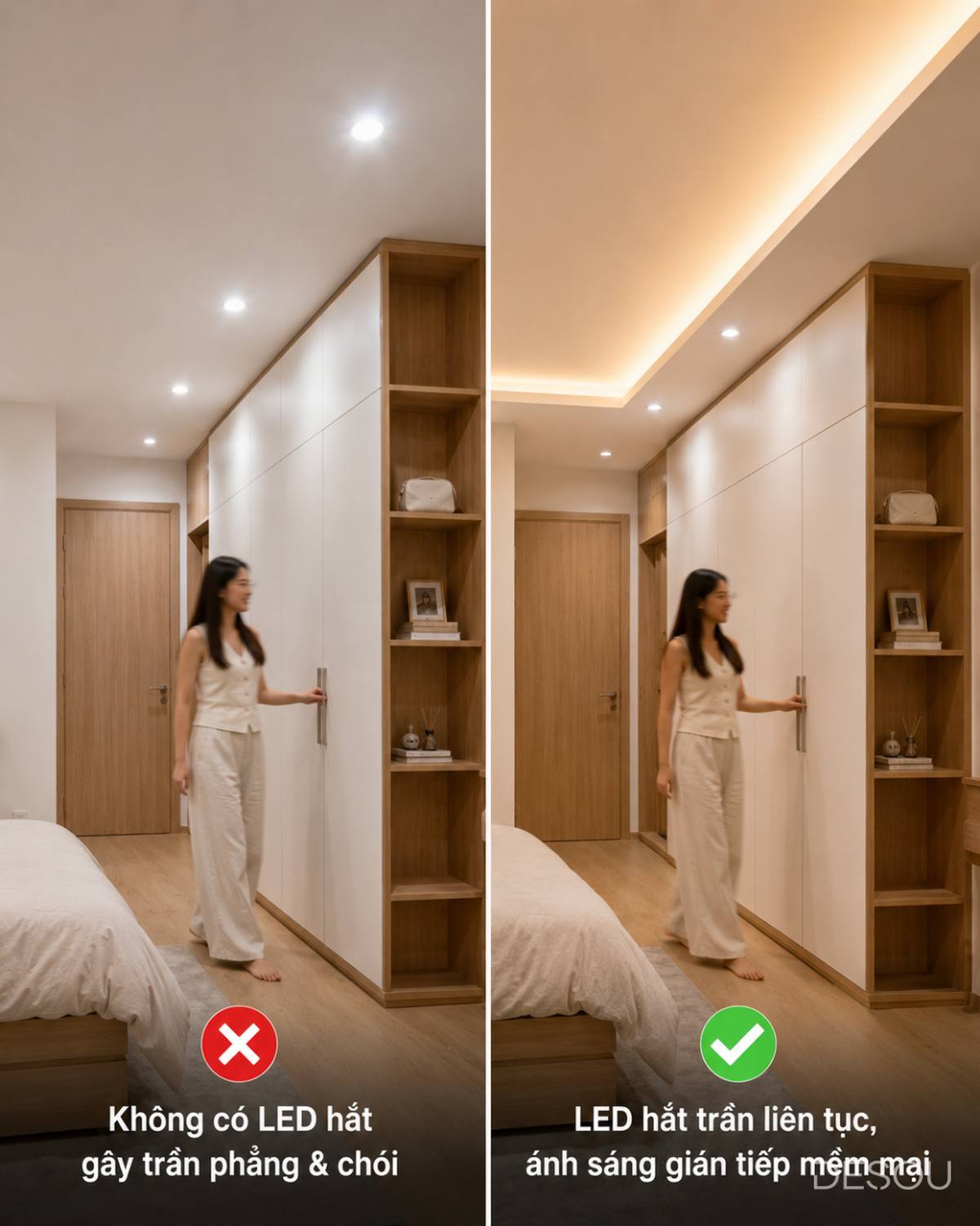 Ảnh minh họa: so sánh phòng ngủ không có và có LED hắt trần
