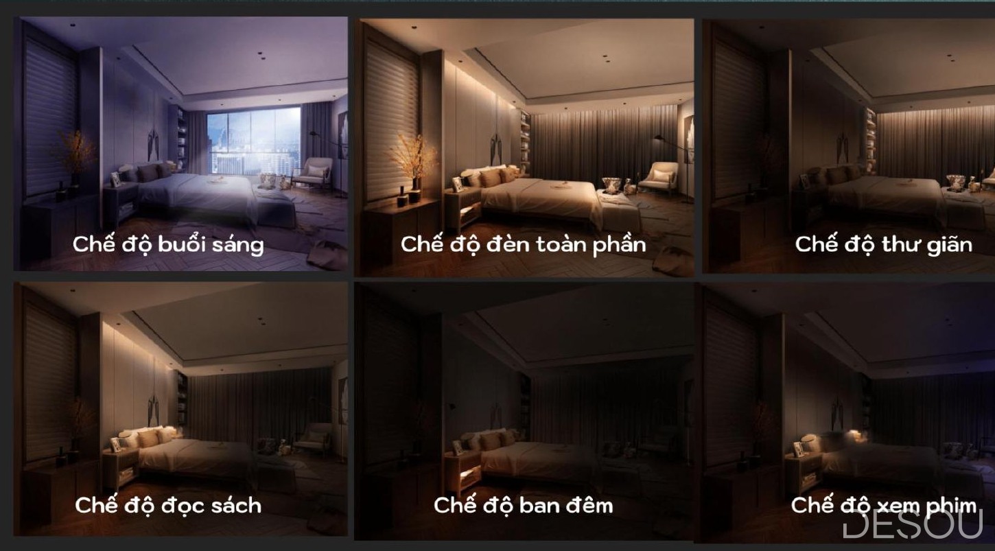 Ảnh minh họa: phòng ngủ 6 chế độ đèn — buổi sáng, đèn toàn phần, thư giãn, đọc sách, ban đêm, xem phim