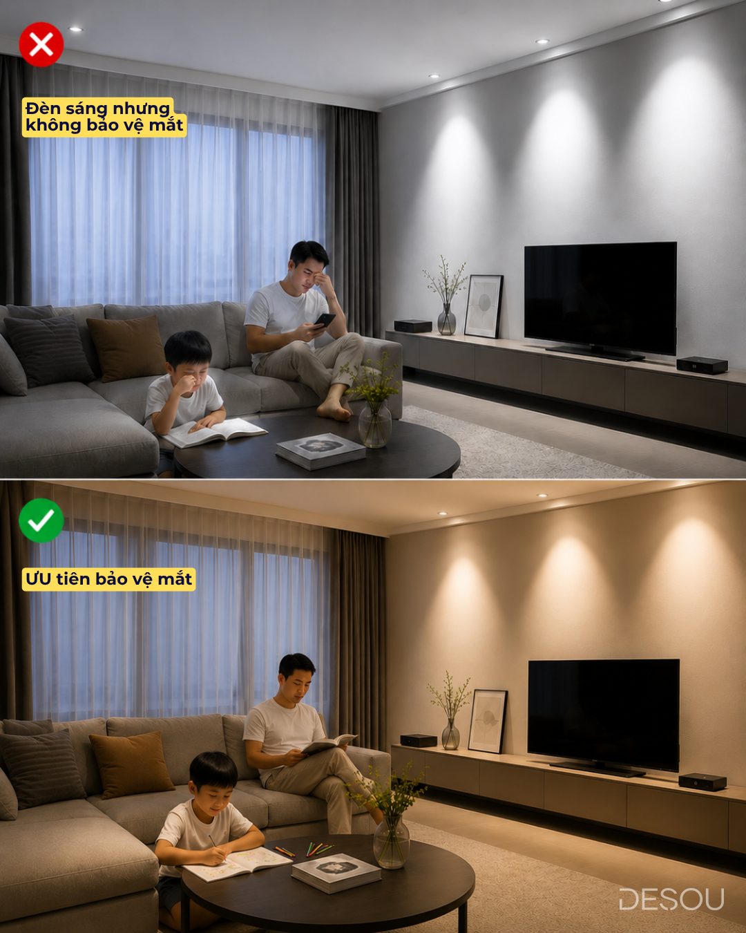 Ảnh minh họa: đèn sáng nhưng không bảo vệ mắt (sai) so với ưu tiên bảo vệ mắt (đúng)