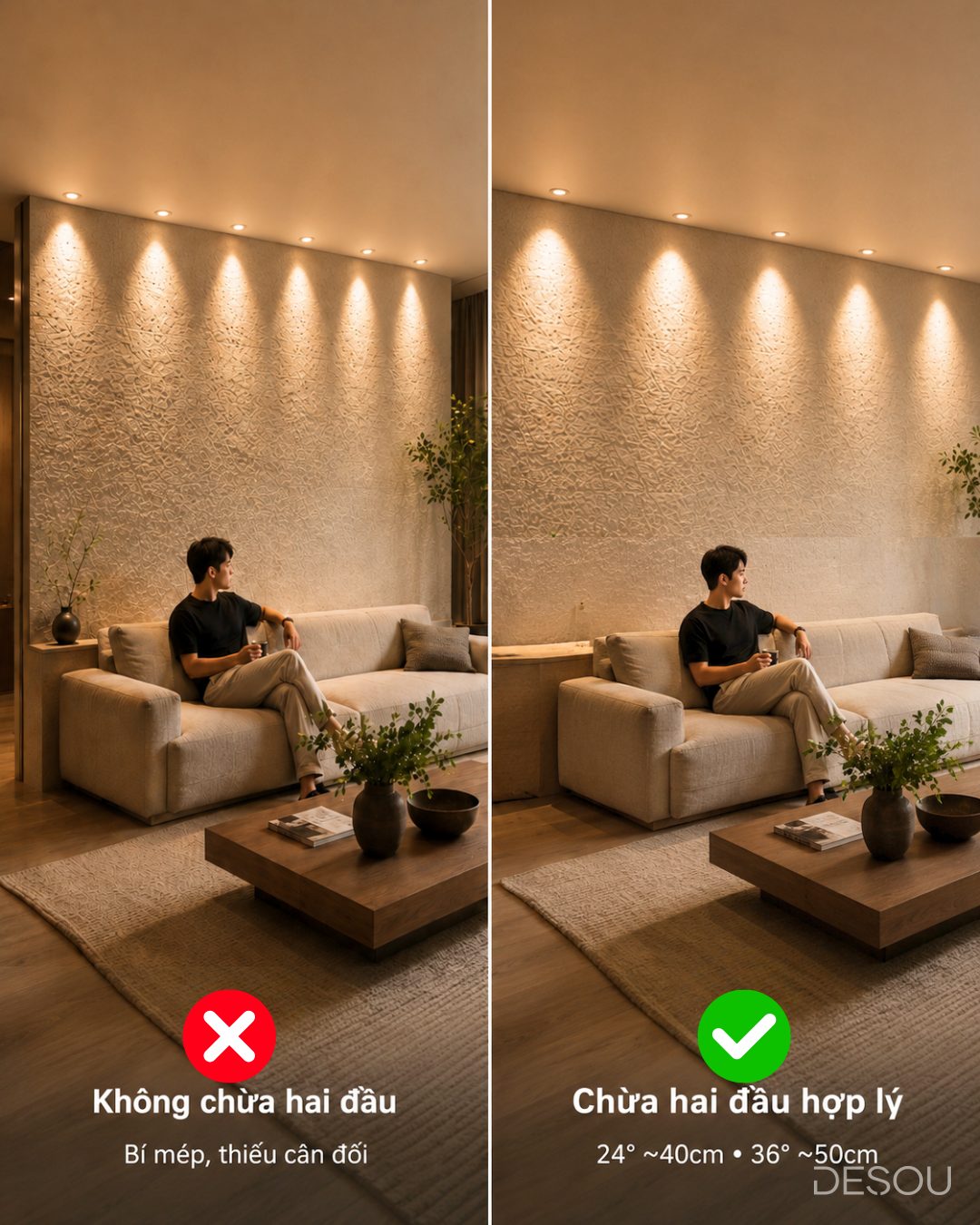 Ảnh minh họa: dãy đèn sát mép tường, vệt bí và mất cân đối (sai) so với chừa hai đầu hợp lý (đúng)