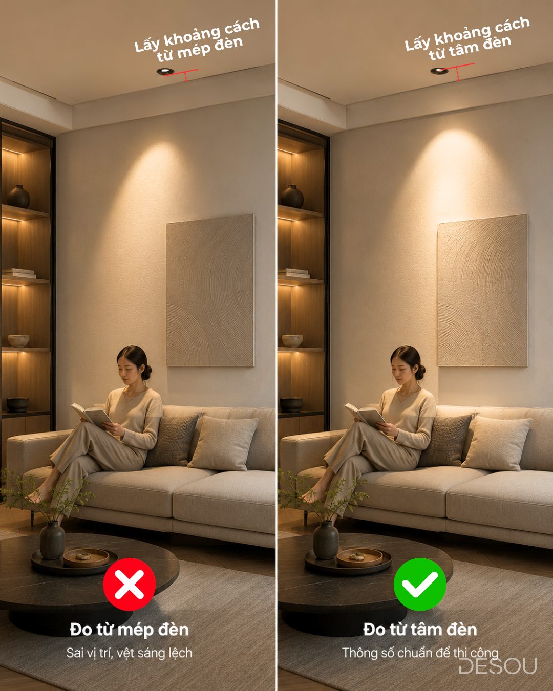 Ảnh minh họa: đo từ mép đèn (sai, vệt sáng lệch) so với đo từ tâm đèn (đúng)