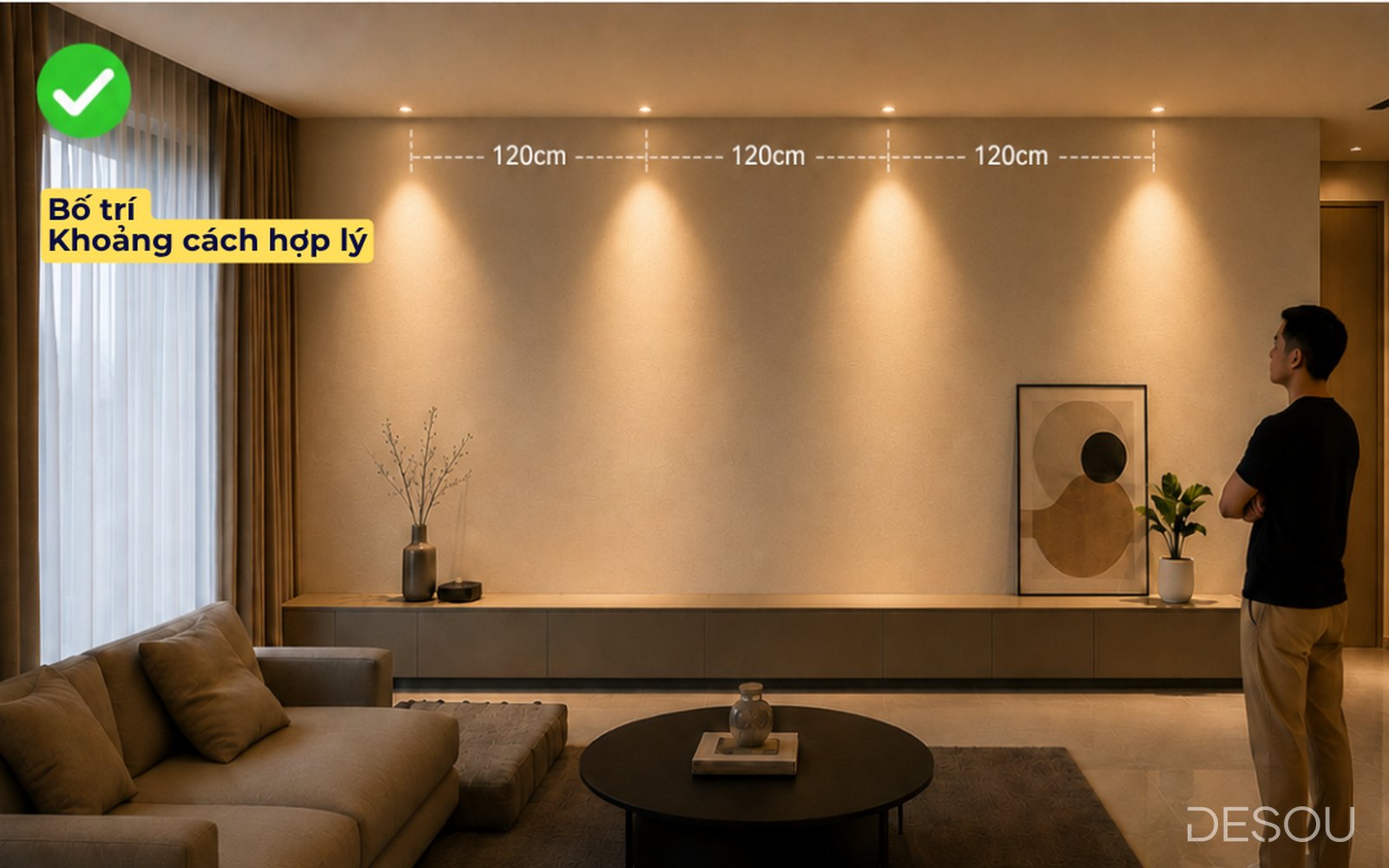 Ảnh minh họa: bố trí đèn nhịp 120cm hợp lý, vệt sáng đều trên tường