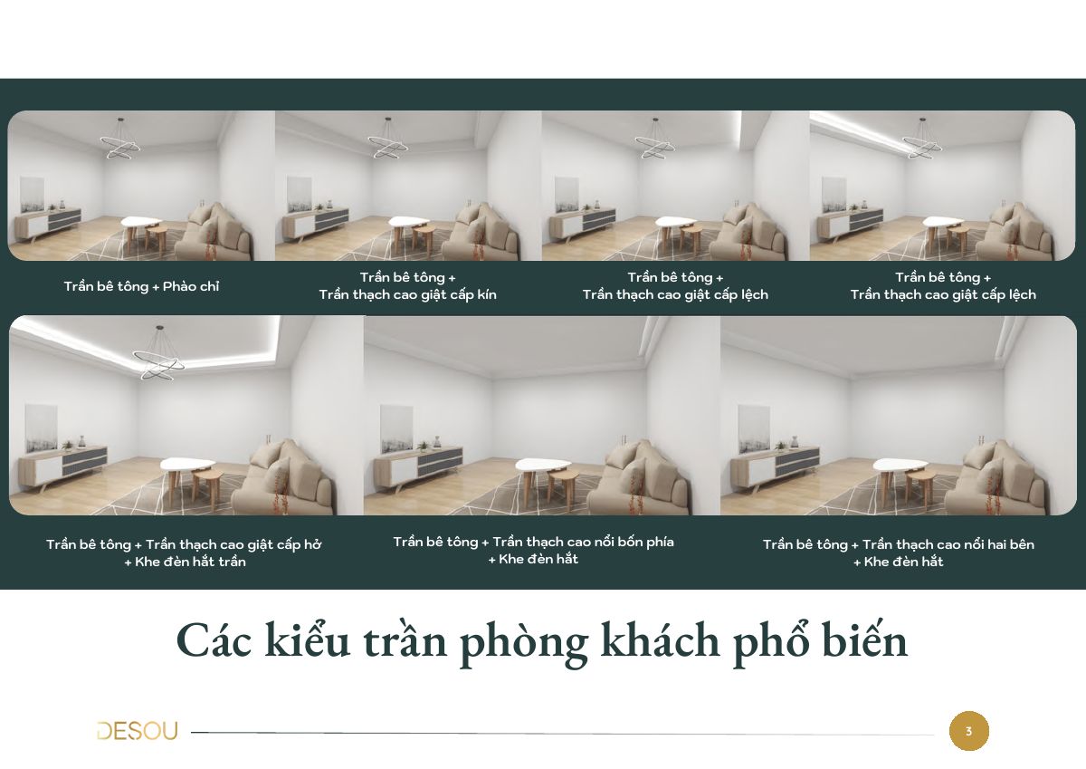 Các kiểu trần phòng khách phổ biến đặt cạnh nhau